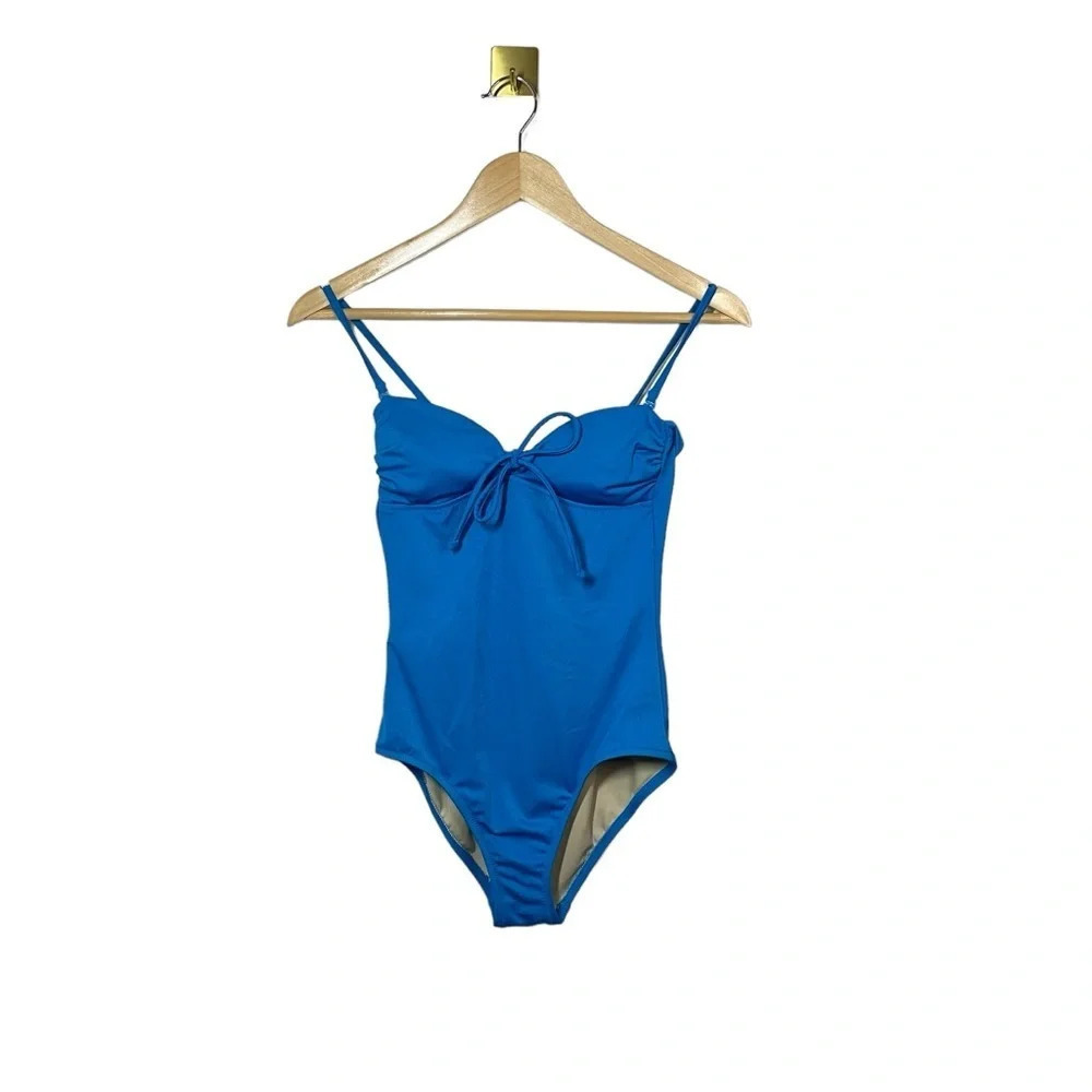 J. Crew Blue Seersucker Tie Front Plunge One Piece Swimsuit Size 0